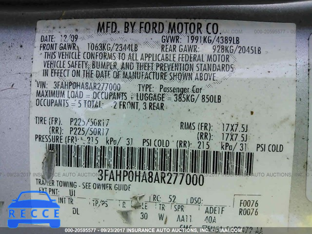 2010 Ford Fusion 3FAHP0HA8AR277000 зображення 8