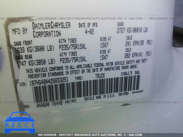 2002 DODGE DAKOTA QUAD SLT 1B7HG48N42S653251 image 8