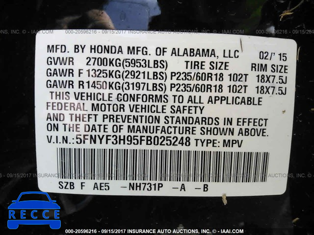 2015 Honda Pilot TOURING 5FNYF3H95FB025248 image 8