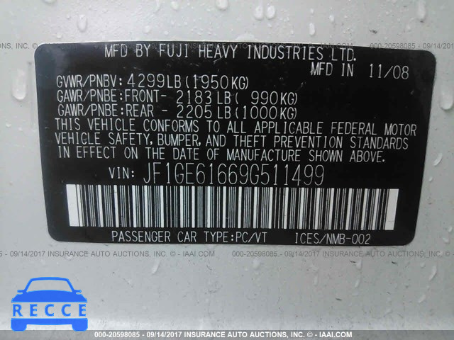 2009 Subaru Impreza 2.5I JF1GE61669G511499 зображення 8