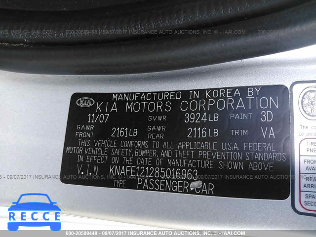 2008 KIA Spectra EX/LX/SX KNAFE121285016963 image 8