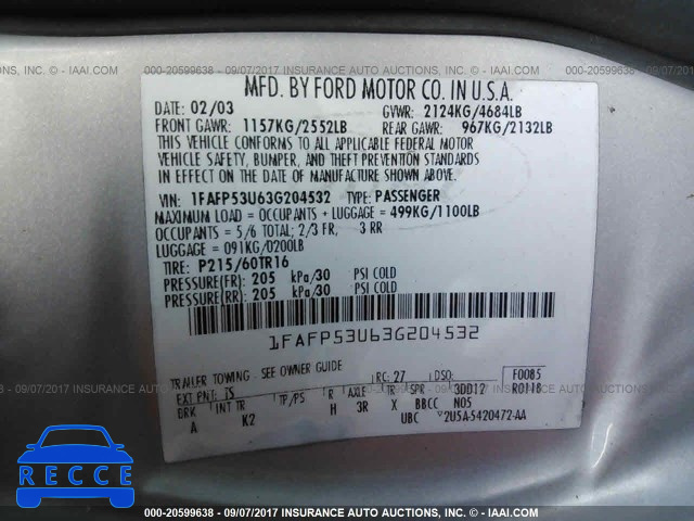 2003 Ford Taurus 1FAFP53U63G204532 image 8