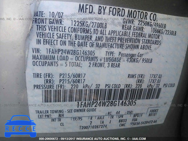 2008 Ford Taurus 1FAHP24W28G146305 image 8