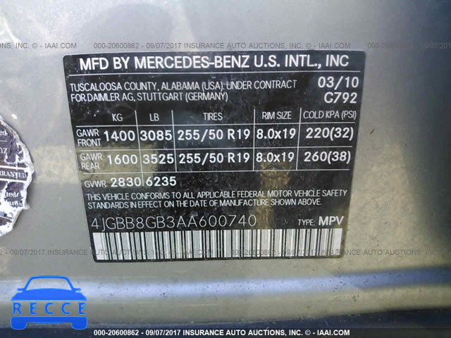 2010 Mercedes-benz ML 4JGBB8GB3AA600740 image 8
