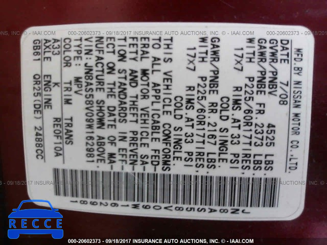 2009 Nissan Rogue JN8AS58V09W162981 image 8