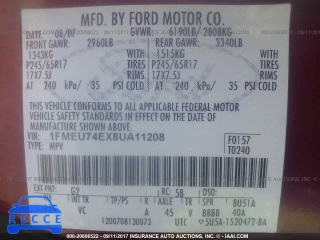 2008 Ford Explorer EDDIE BAUER 1FMEU74EX8UA11208 Bild 8