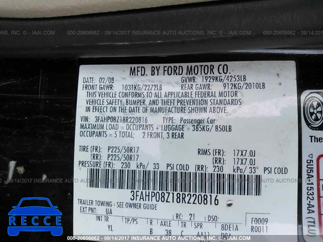 2008 FORD FUSION 3FAHP08Z18R220816 зображення 8