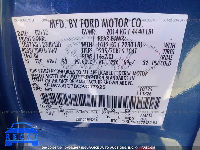 2012 Ford Escape 1FMCU0C78CKC17925 image 8