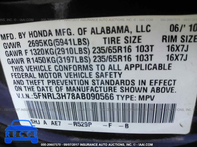 2010 Honda Odyssey EXL 5FNRL3H78AB090566 image 8