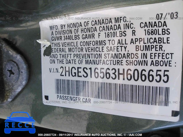 2003 HONDA CIVIC 2HGES16563H606655 image 8