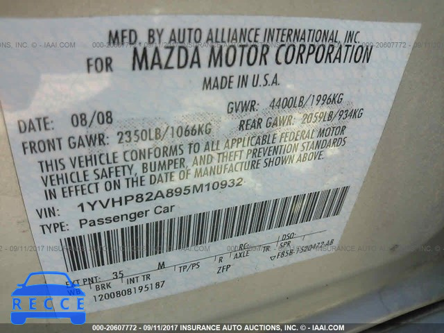 2009 Mazda 6 I 1YVHP82A895M10932 зображення 8