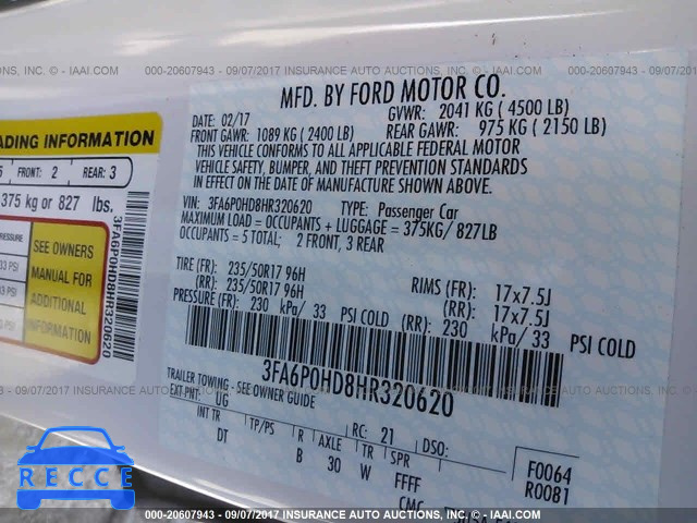 2017 FORD FUSION 3FA6P0HD8HR320620 Bild 8