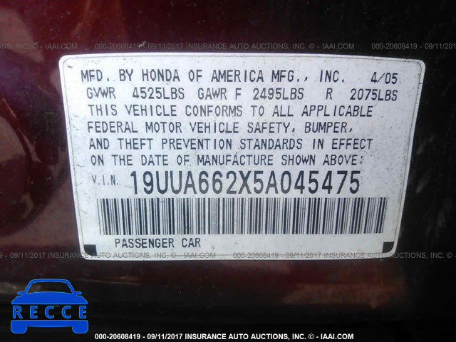 2005 ACURA TL 19UUA662X5A045475 image 8