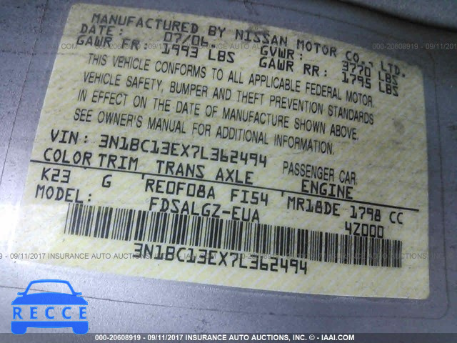 2007 Nissan Versa 3N1BC13EX7L362494 зображення 8