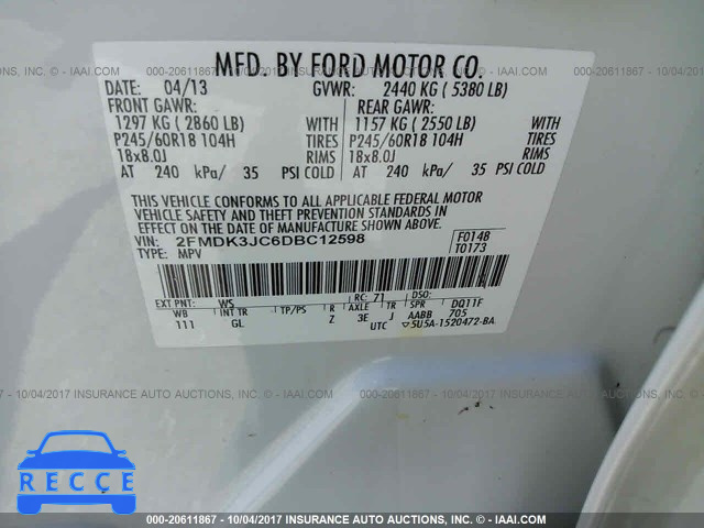 2013 Ford Edge 2FMDK3JC6DBC12598 зображення 8