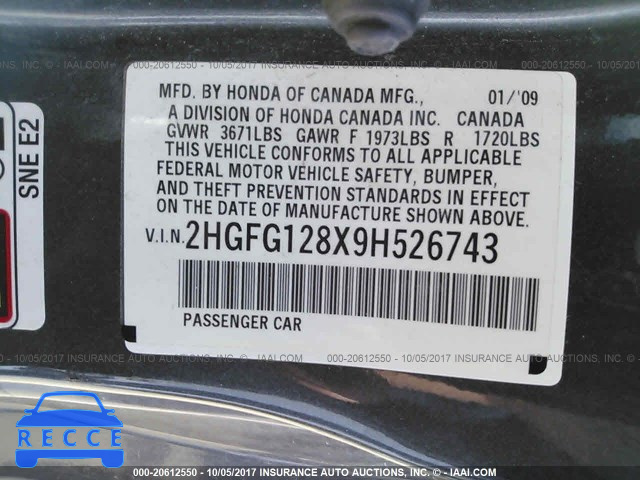 2009 Honda Civic 2HGFG128X9H526743 image 8