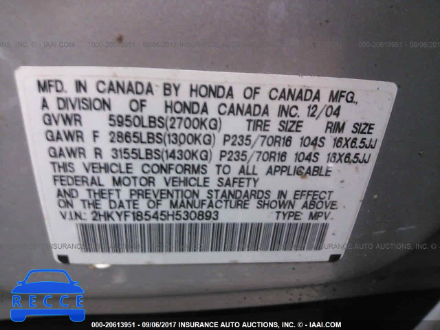 2005 HONDA PILOT 2HKYF18545H530893 image 8