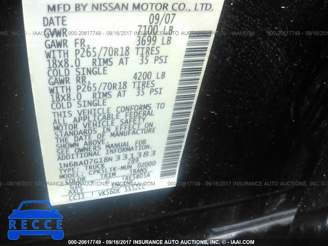 2008 Nissan Titan XE/SE/LE 1N6BA07G18N331383 image 8