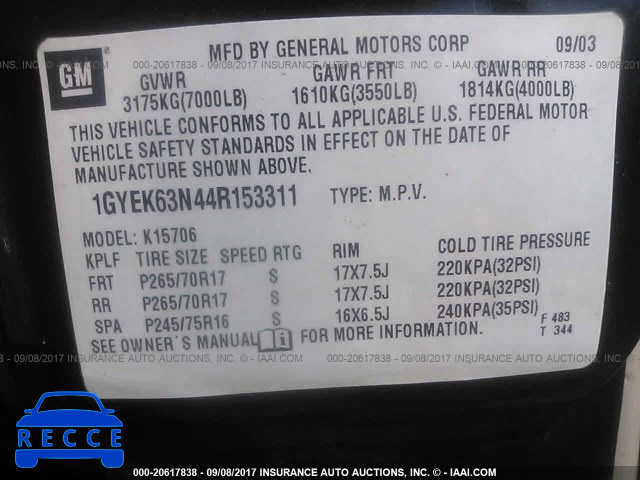 2004 Cadillac Escalade LUXURY 1GYEK63N44R153311 Bild 8