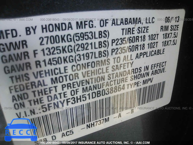 2013 Honda Pilot 5FNYF3H51DB038864 image 8