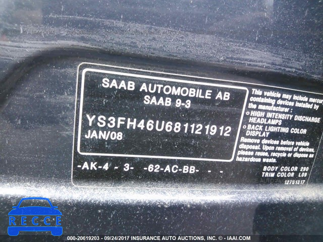 2008 Saab 9-3 AERO YS3FH46U681121912 зображення 8