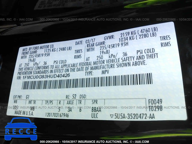 2017 FORD ESCAPE 1FMCU0G93HUD40426 image 8