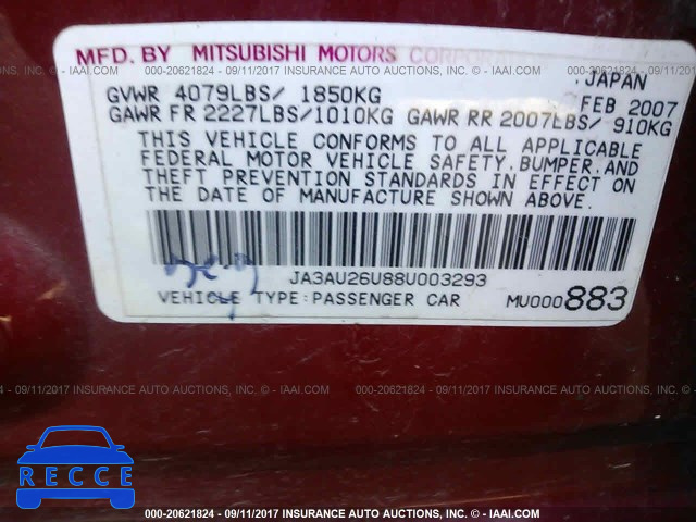 2008 Mitsubishi Lancer ES JA3AU26U88U003293 зображення 8