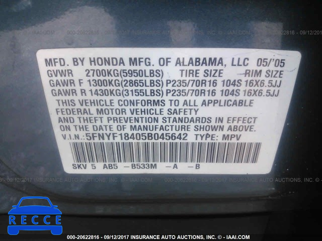 2005 Honda Pilot 5FNYF18405B045642 image 8