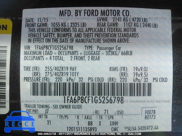 2016 Ford Mustang 1FA6P8CF1G5256798 зображення 8