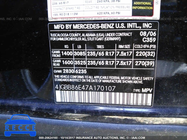 2007 Mercedes-benz ML 4JGBB86E47A170107 Bild 8