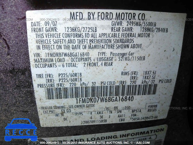 2008 Ford Taurus X EDDIE BAUER 1FMDK07W68GA16840 зображення 8
