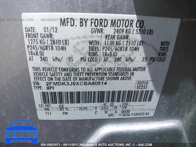 2012 Ford Edge SEL 2FMDK3J9XCBA80514 image 8
