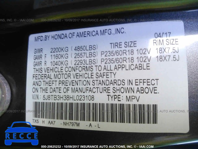 2017 ACURA RDX 5J8TB3H38HL023108 image 8