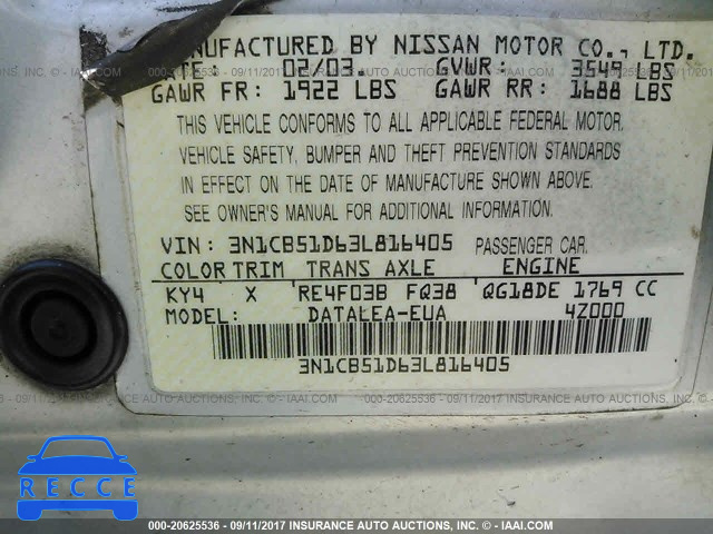 2003 Nissan Sentra XE/GXE 3N1CB51D63L816405 image 8