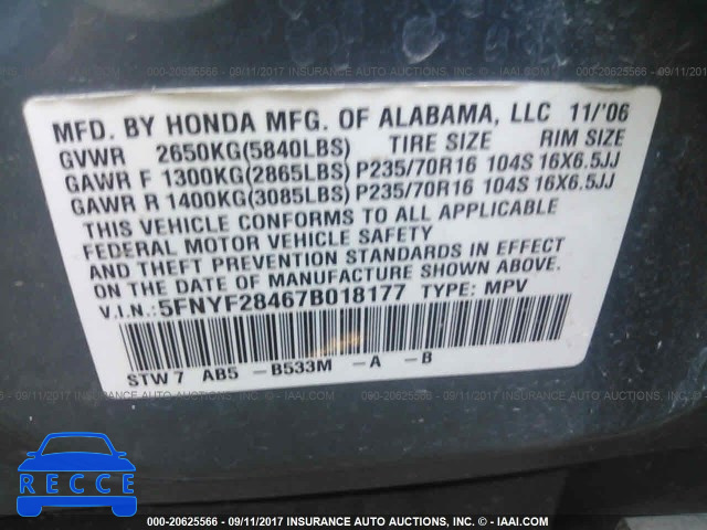 2007 Honda Pilot 5FNYF28467B018177 зображення 8