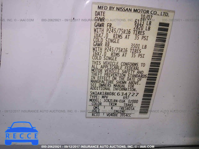 2008 Nissan Pathfinder 5N1AR18B08C634727 зображення 8