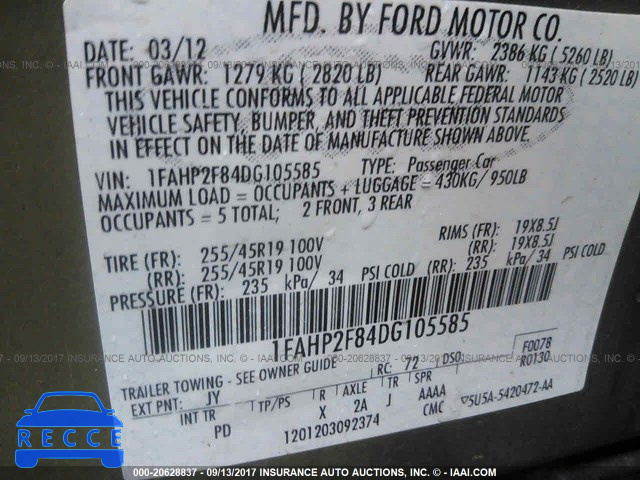 2013 Ford Taurus 1FAHP2F84DG105585 зображення 8