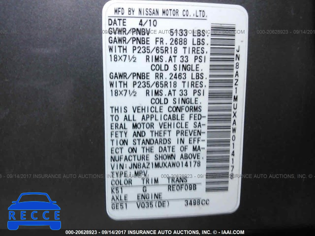 2010 Nissan Murano JN8AZ1MUXAW014178 image 8