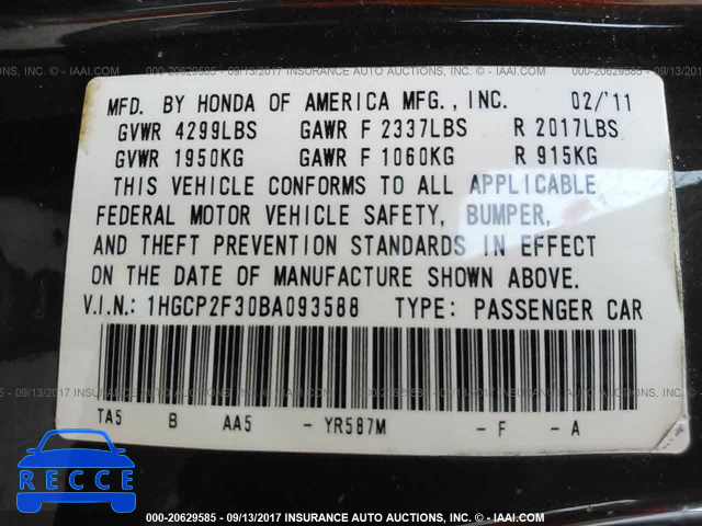 2011 Honda Accord 1HGCP2F30BA093588 image 8