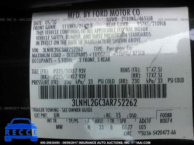 2010 Lincoln MKZ 3LNHL2GC3AR752262 Bild 8