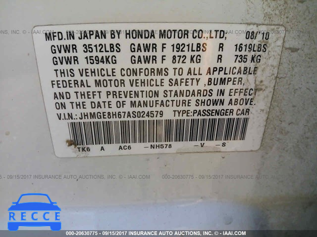 2010 Honda FIT JHMGE8H67AS024579 image 8