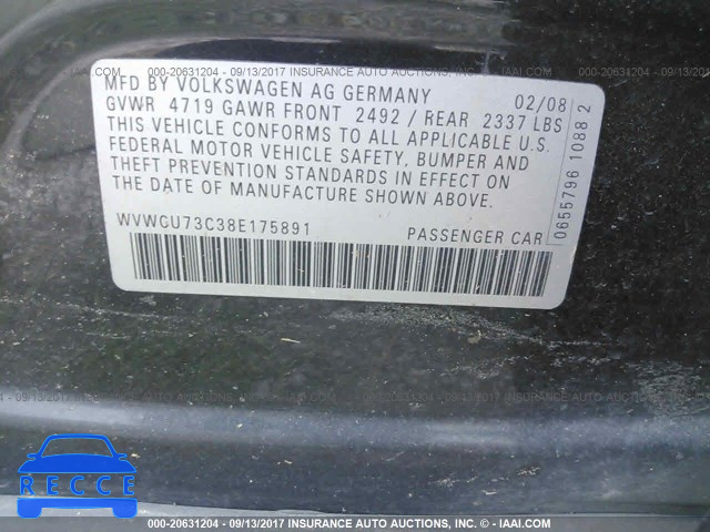 2008 Volkswagen Passat WVWCU73C38E175891 зображення 8