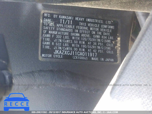 2012 Kawasaki ZX1000 J JKAZXCJ11CA011917 image 9