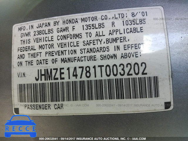 2001 Honda Insight JHMZE14781T003202 image 8