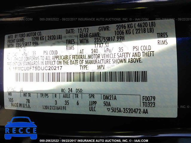 2013 Ford Escape S 1FMCU0F75DUC20217 image 8