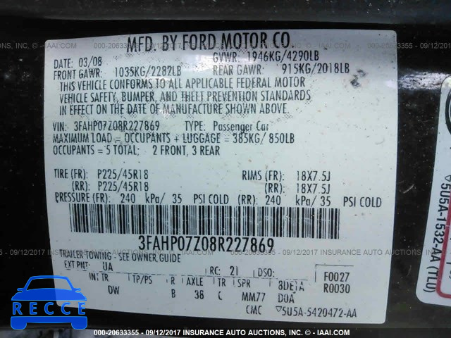 2008 Ford Fusion 3FAHP07Z08R227869 зображення 8