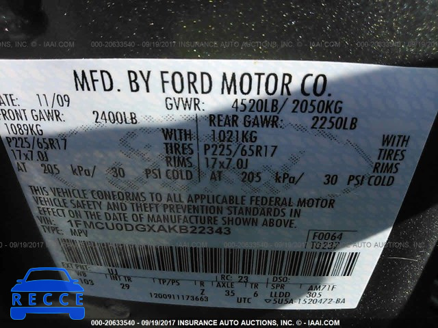 2010 Ford Escape 1FMCU0DGXAKB22343 зображення 8