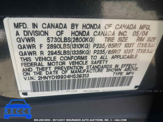 2004 ACURA MDX TOURING 2HNYD18924H539313 image 8