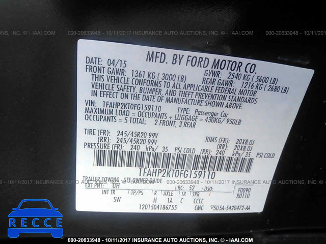 2015 Ford Taurus SHO 1FAHP2KT0FG159110 зображення 8