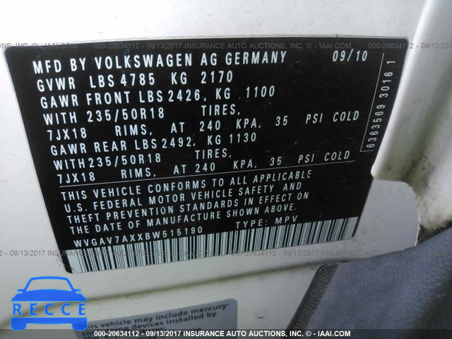 2011 Volkswagen Tiguan S/SE/SEL WVGAV7AXXBW515190 image 8